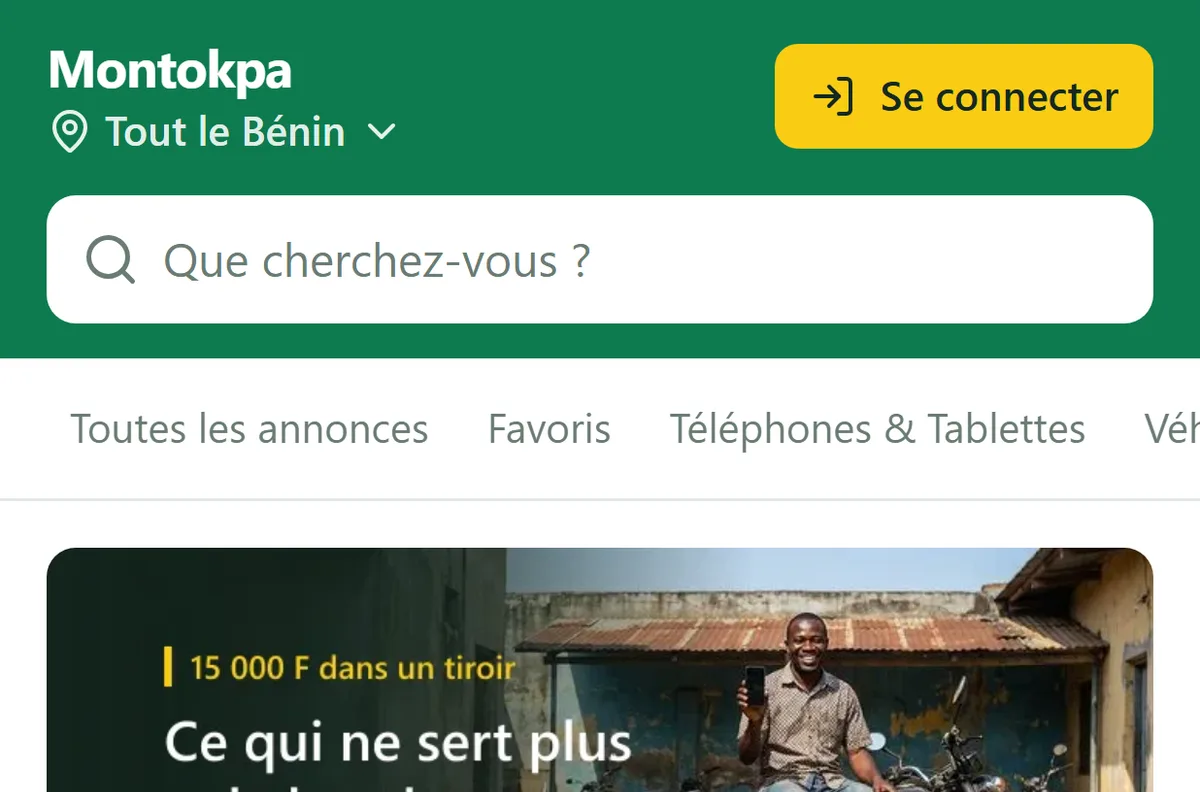 Accueil de Montokpa sur téléphone : barre de recherche, catégories et annonces avec prix en FCFA